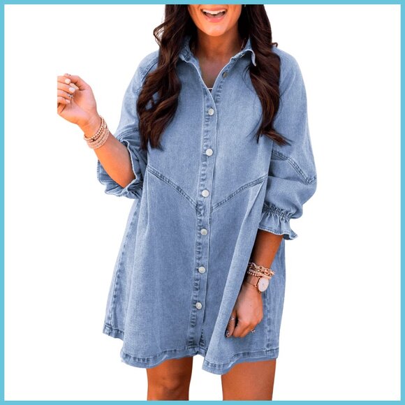 Dresses & Skirts - Smocked 3/4 Sleeve Button Down Denim Jean Dress Mini Loose Fit